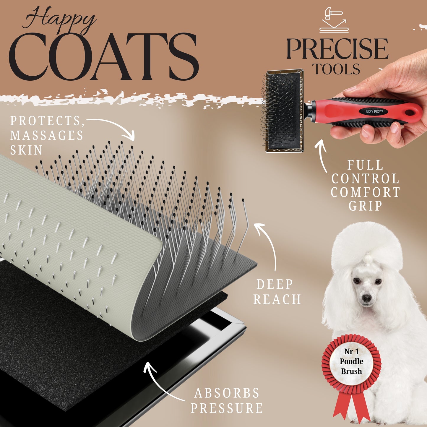 Bixy Pixy Mini Brush for Dogs and Cats with Long and Fluffy Fur - Coated Tips Massages Delicate Skin