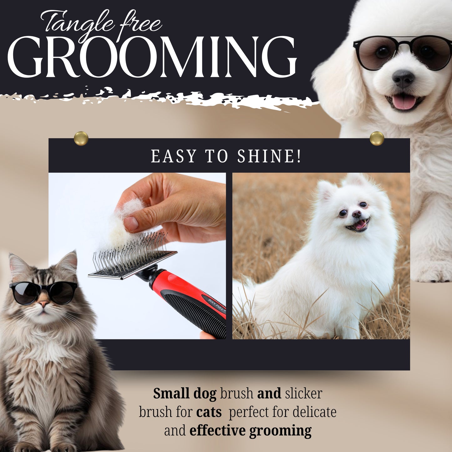 Bixy Pixy Mini Brush for Dogs and Cats with Long and Fluffy Fur - Coated Tips Massages Delicate Skin