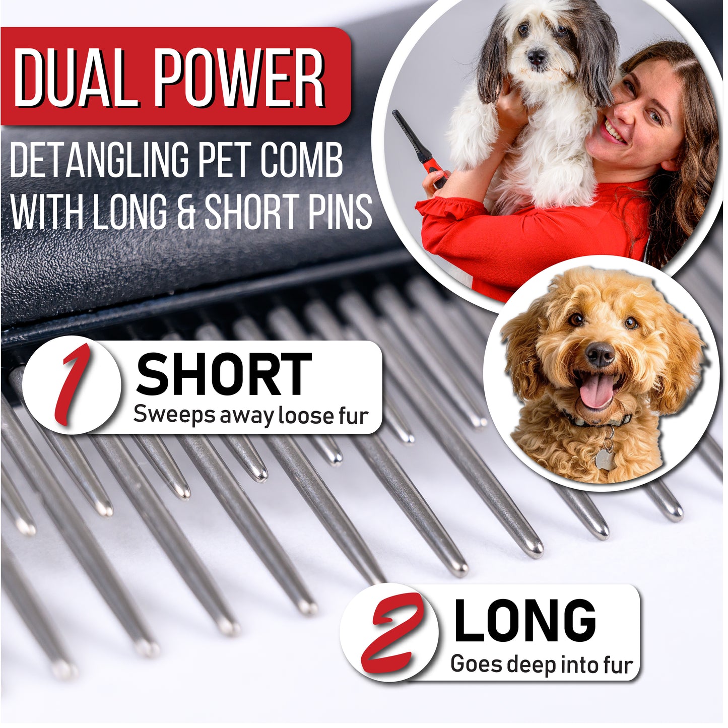 Poodle Comb with Rotating Teeth - 5-in-1 Dog Dematting Tool - Used for Small Size Breeds and Puppies and Cats