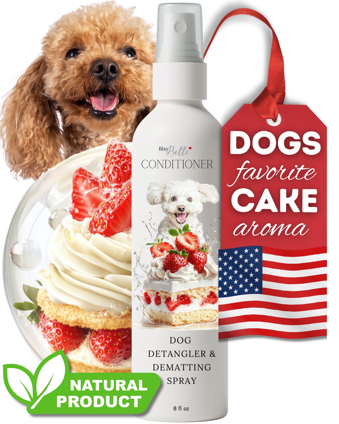 Dog Detangler Spray with Shortcake Fragrance - Made in USA - Natural Mild Scent for Sensitive Skin and Pet Nose - Leave in Conditioner 8 oz
